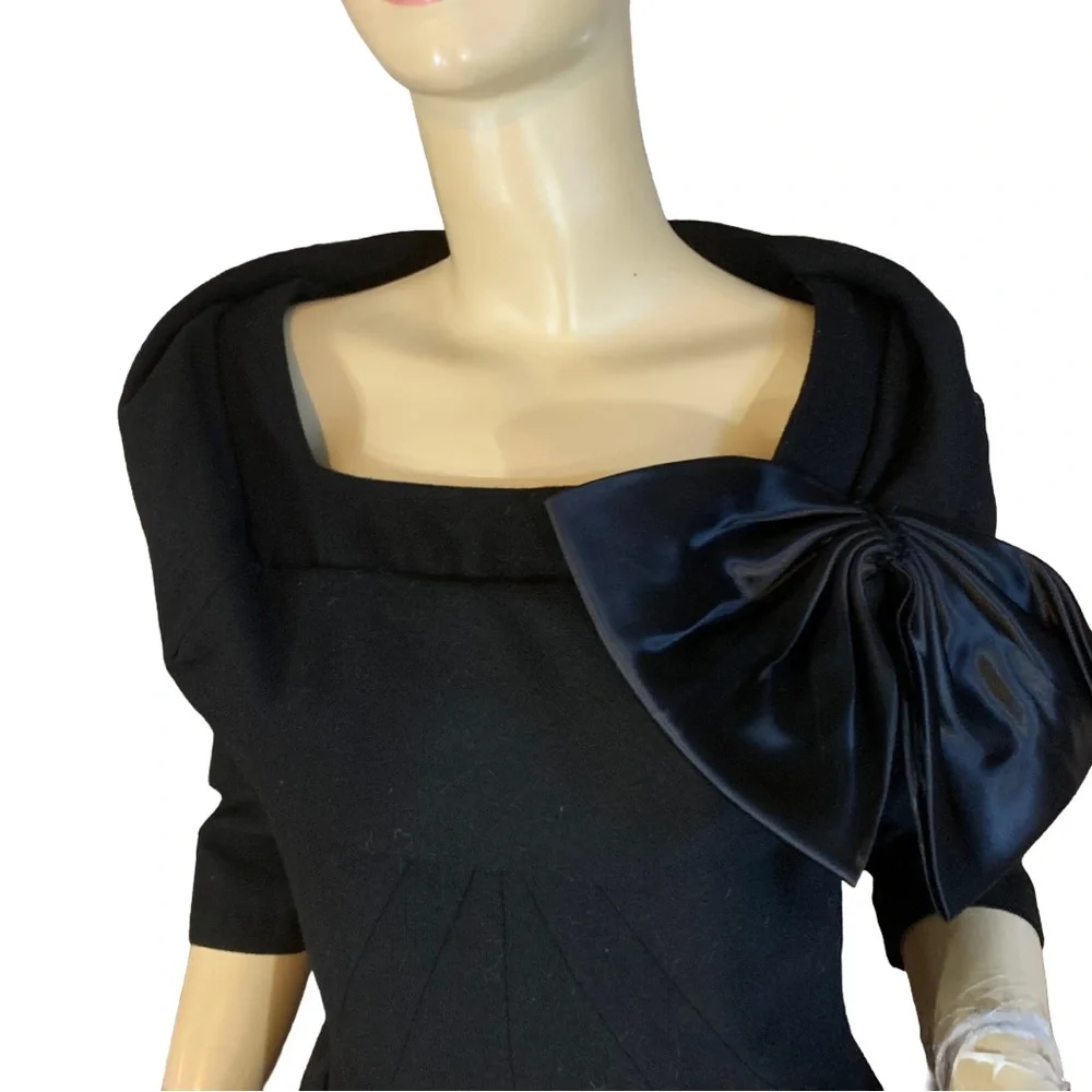 VINTAGE 1960'S CAROL CRAIG BLACK WOOL COCKTAIL WIGGLE DRESS (S) - Picture 7 of 14